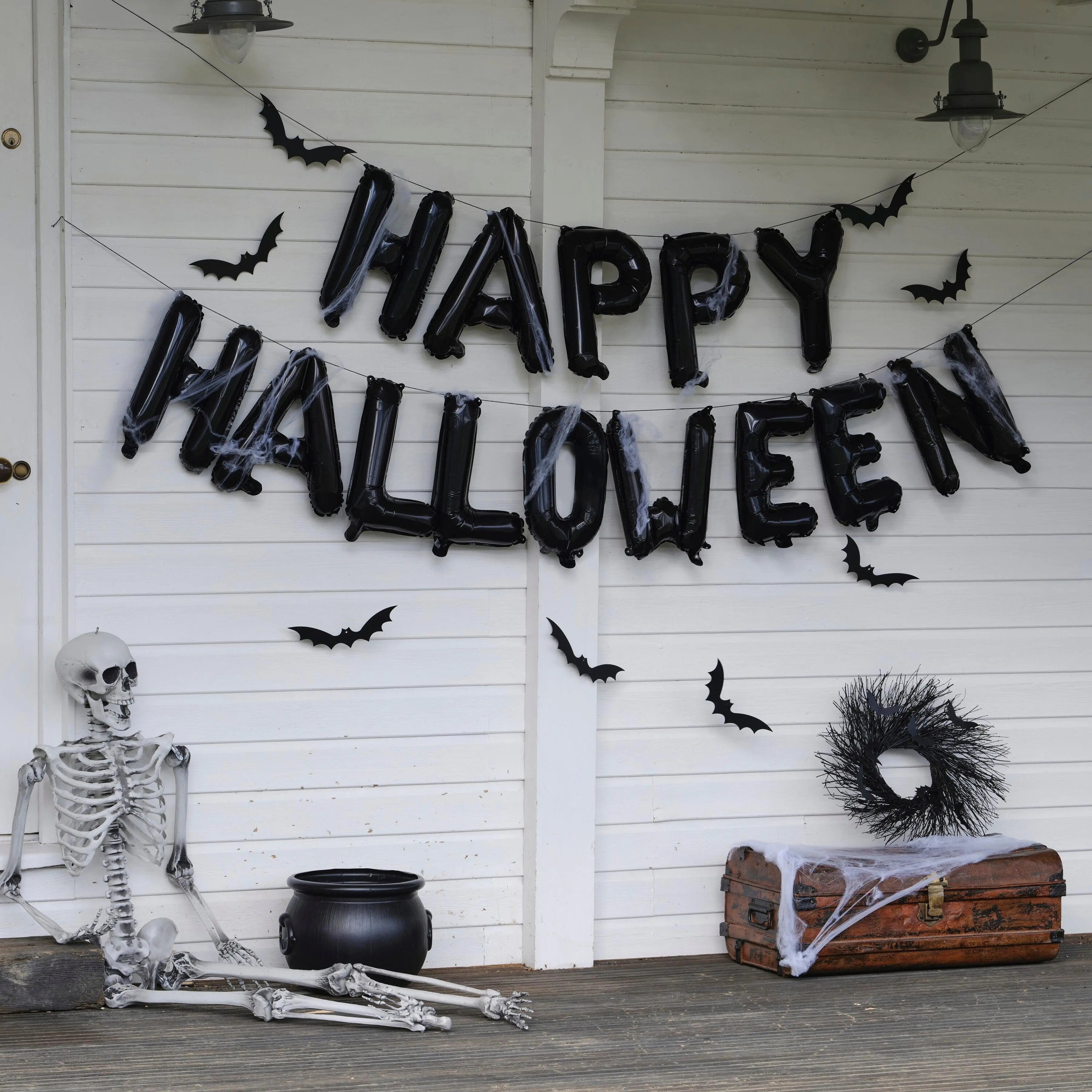 Happy Halloween Balloon Bunting with Hanging Bats and Cobwebs Ginger Ray