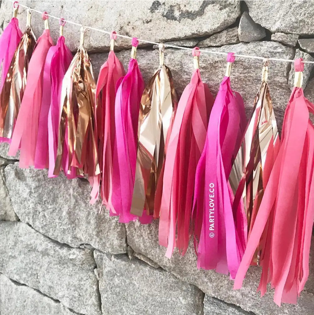 Pink Ruby Mix & Rose Gold Tassel Garland inc Twist Ties Party Love